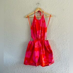 STAUD Pink and Red Satin Jumpsuit